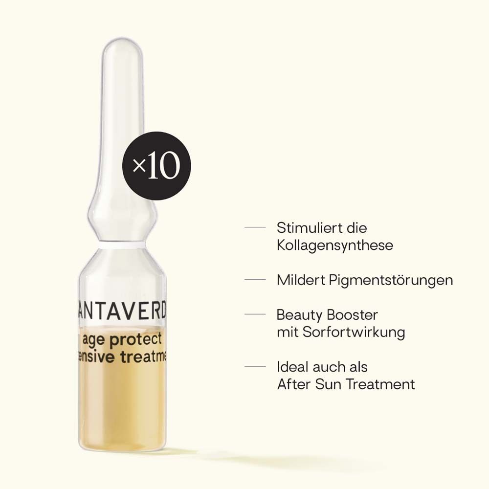 Eine Ampulle SANTAVERDE age protect intensive treatment mit Text. Aufschrift: age protect intensive treatment. Text: Stimuliert die Kollagensynthese.