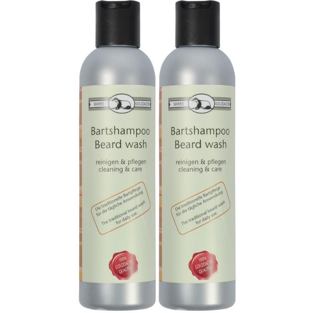 Zwei Flaschen Bartshampoo mit schwarzem Deckel. Aufschrift: Bartshampoo, Beard wash, reinigen & pflegen. Siegel: 100% GOLDDACHS Qualität.