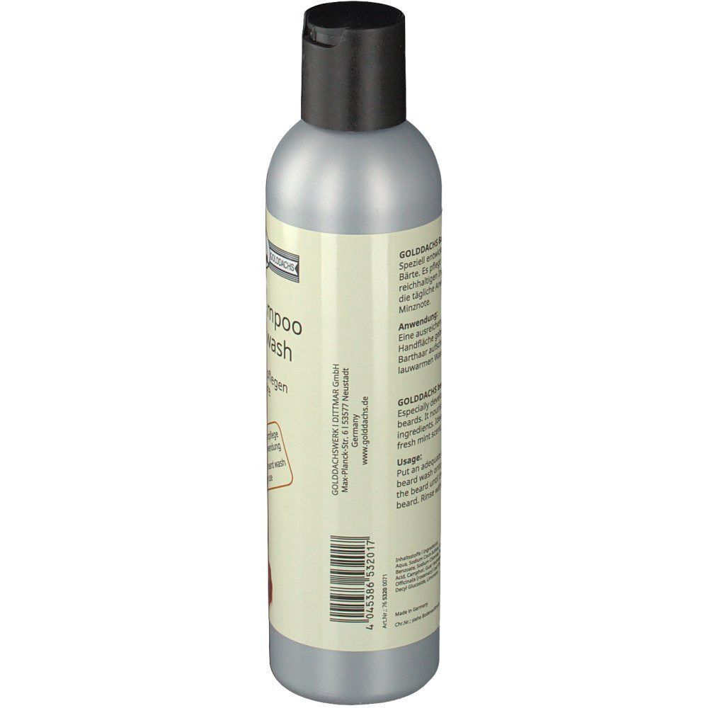 Flasche Bartshampoo, graue Farbe, schwarzer Deckel. Aufschrift: Bartshampoo, Beard wash. Rückseite mit Text und Barcode. Siegel: GOLDDACHS Qualität.