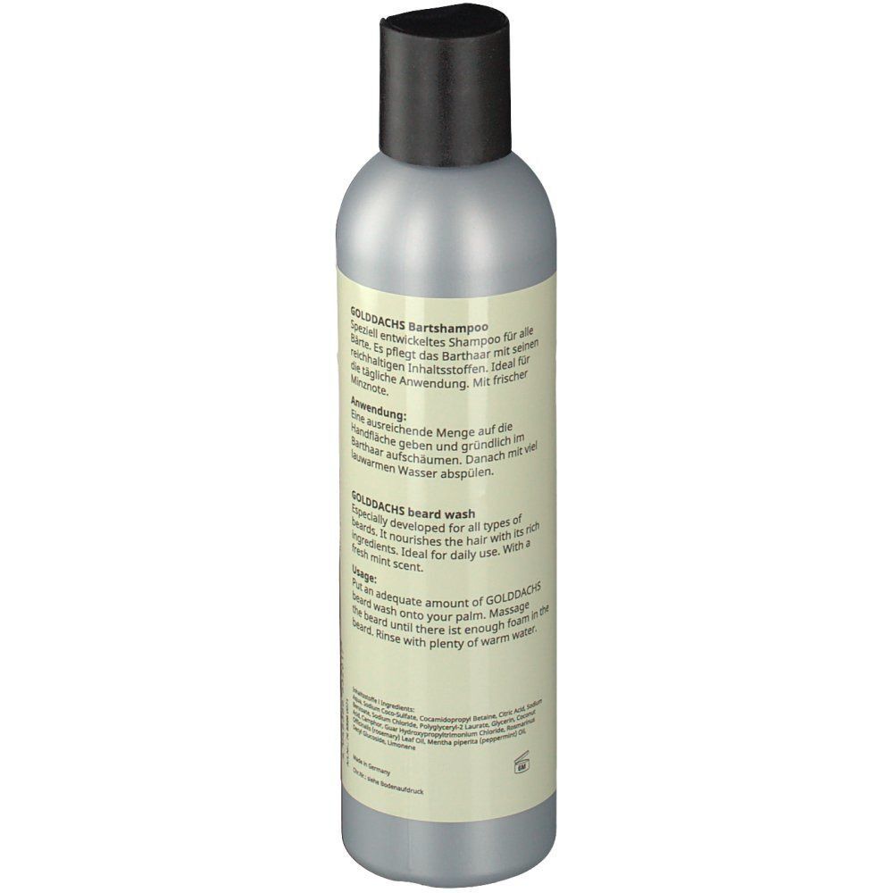 Flasche Bartshampoo, graue Farbe, schwarzer Deckel. Rückseite mit Text. Aufschrift: GOLDDACHS Bartshampoo, Beard wash. Anwendungshinweise.