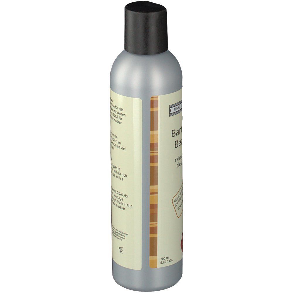 Flasche Bartshampoo, graue Farbe, schwarzer Deckel. Aufschrift: Bartshampoo, Beard wash. Text auf der Seite. Siegel: GOLDDACHS Qualität.