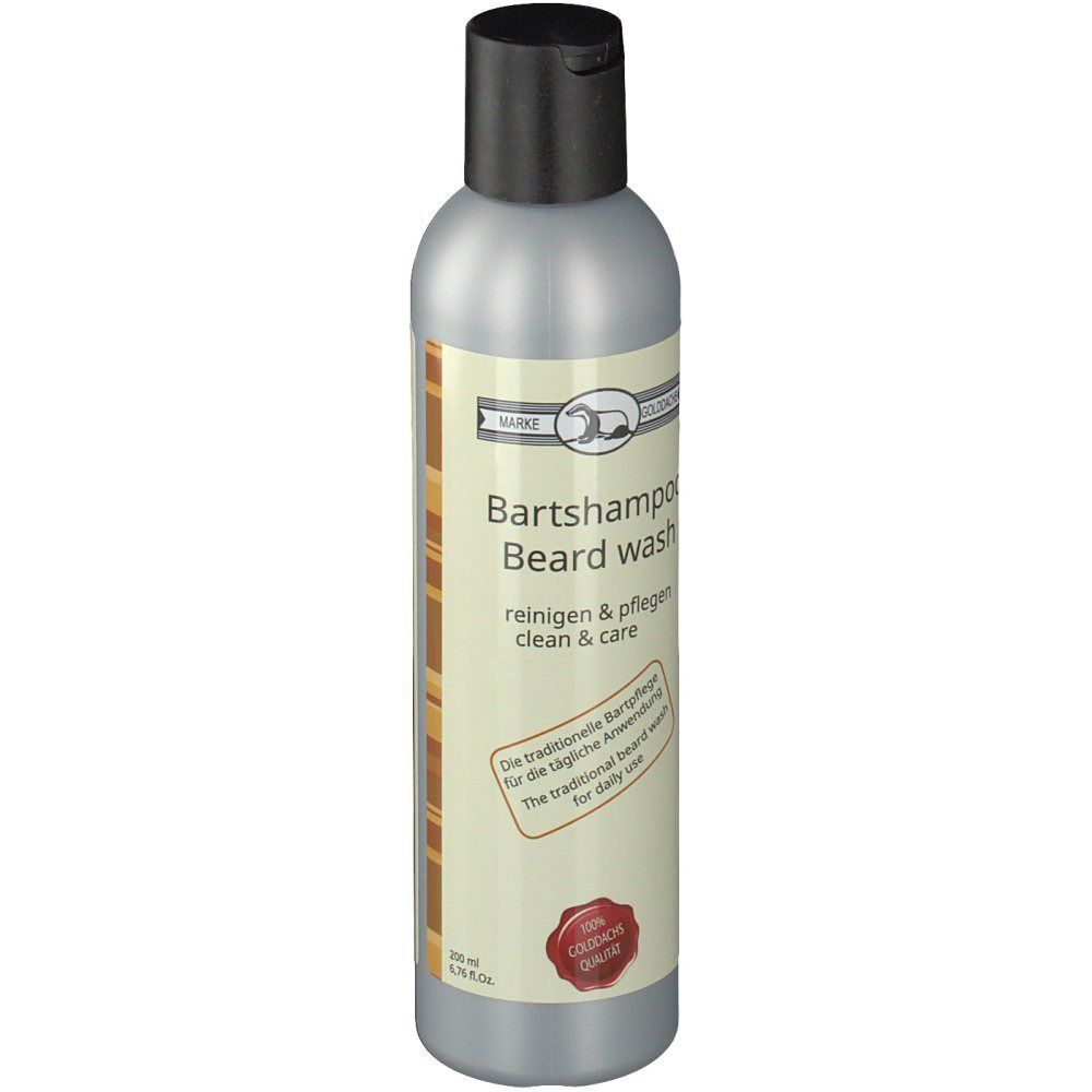 Flasche Bartshampoo, graue Farbe, schwarzer Deckel. Aufschrift: Bartshampoo, Beard wash, reinigen & pflegen. Siegel: 100% GOLDDACHS Qualität.