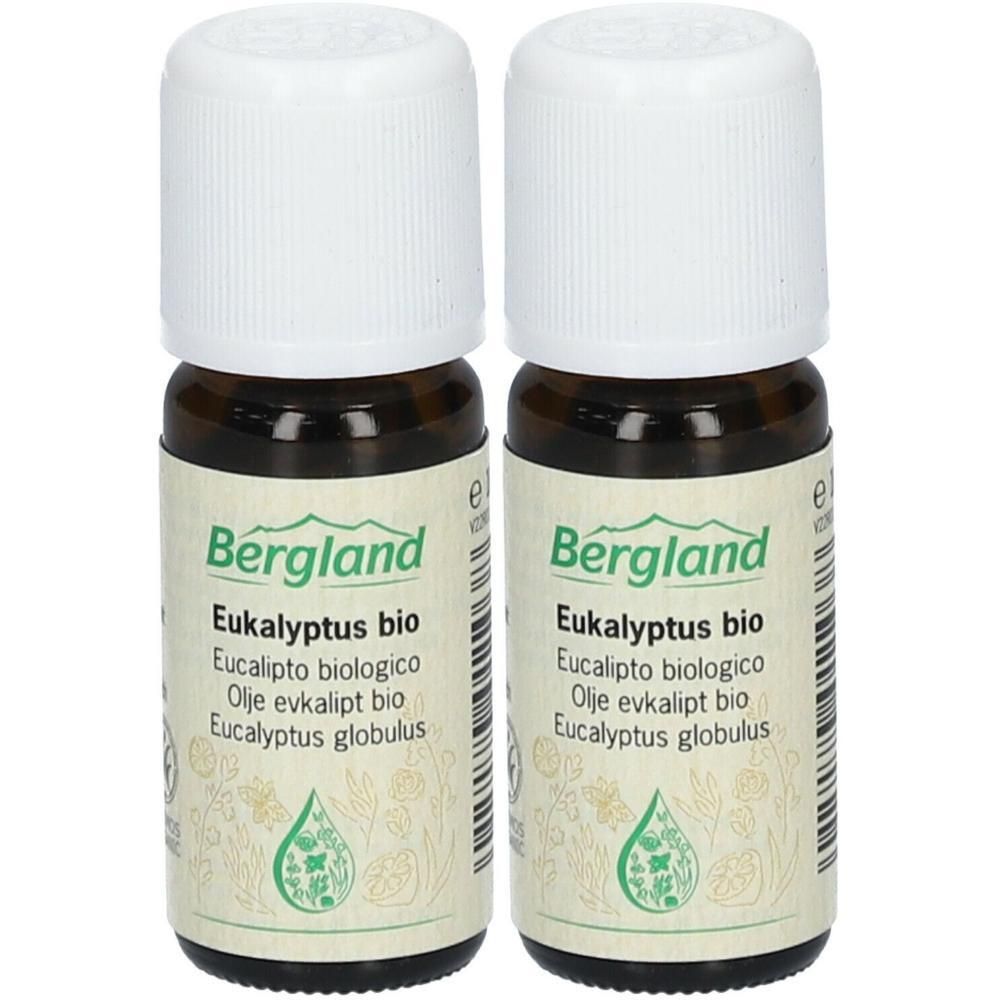 Zwei kleine braune Flaschen mit weißen Deckeln. Auf den Etiketten steht "Bergland Eukalyptus bio".