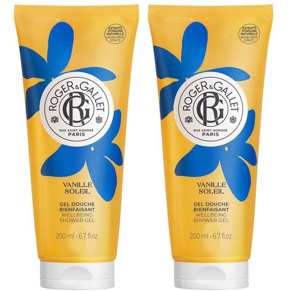 Zwei gelbe Duschgel-Tuben mit blauen Blüten und Text. Marke Roger & Gallet. Aufschrift: Vanille Soleil, Duschgel.