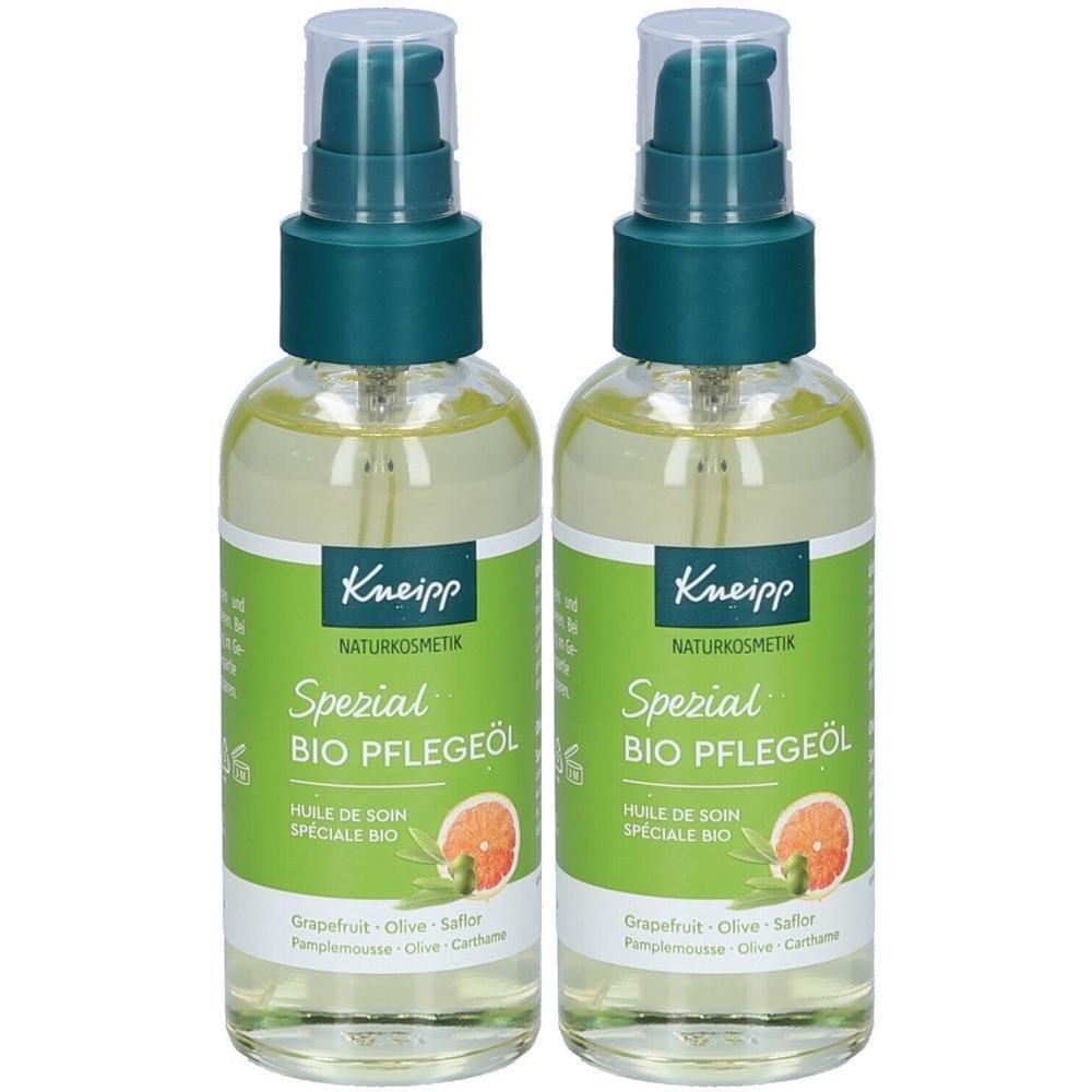 Zwei Flaschen Kneipp Spezial Bio Pflegeöl mit grünen Etiketten und Pumpaufsätzen. Aufschrift: Spezial Bio Pflegeöl, Grapefruit-Olive-Salbei.