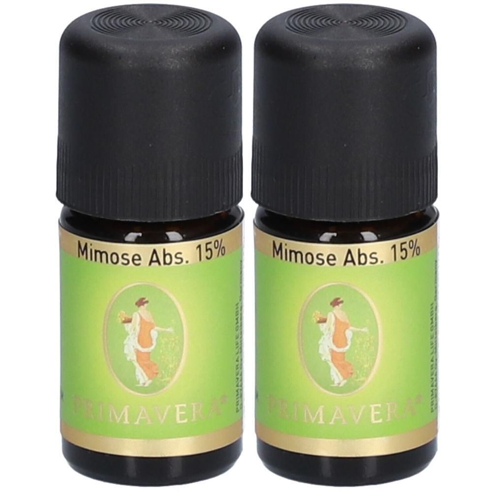 Zwei Flaschen PRIMAVERA® Mimose Abs. 15 %. Braune Glasflaschen mit schwarzem Deckel und grünem Etikett. Aufschrift: Mimose Abs. 15 %.