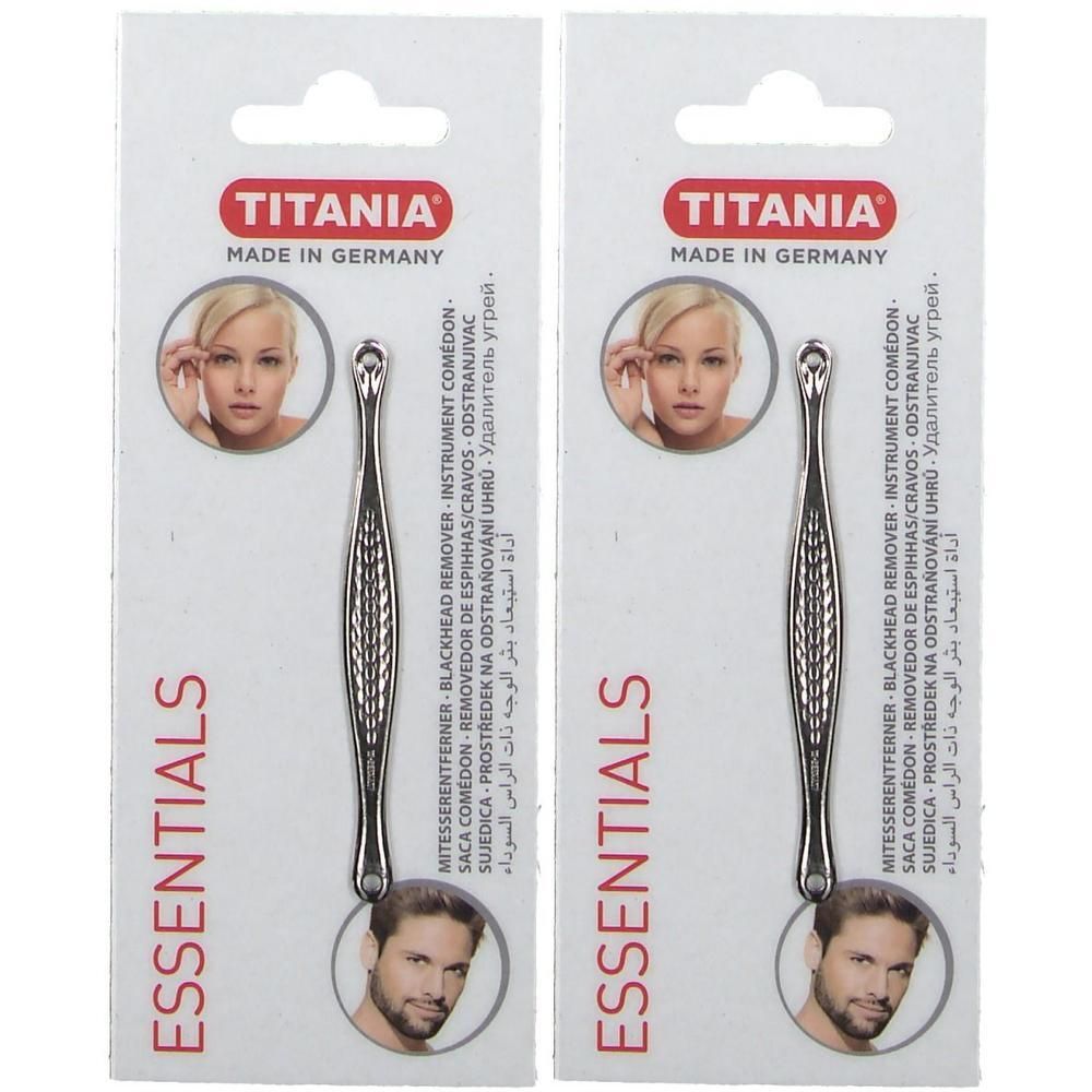 Zwei TITANIA® Mitesserentferner auf Blisterkarte. Metallfarbenes Werkzeug mit Schlaufe und Griff. Verpackung mit Logo und Produktbild.
