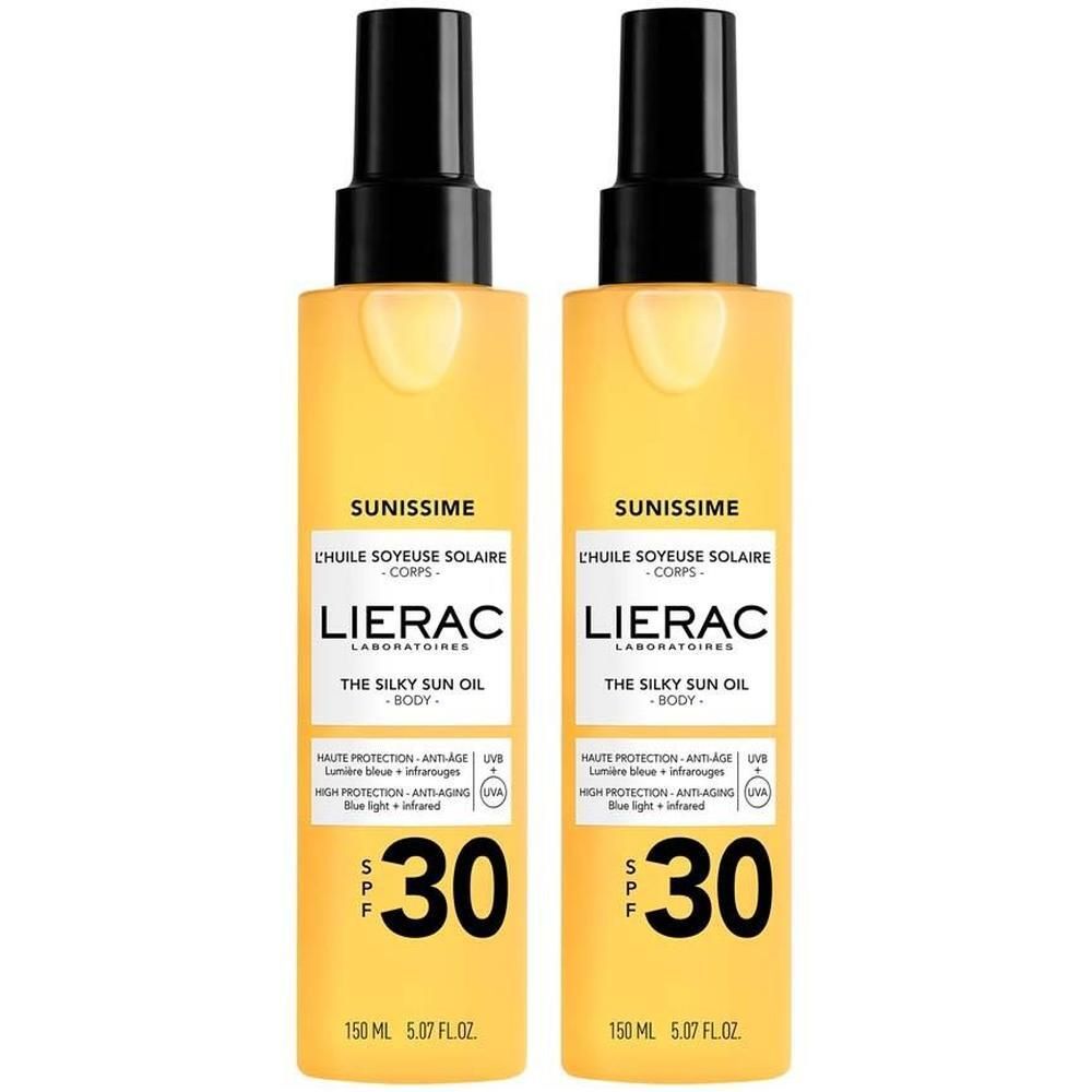 Zwei Flaschen LIERAC Sunissime Öl LSF 30. Gelbe Flaschen mit schwarzem Sprühkopf. Text: Sunissime, LSF 30.