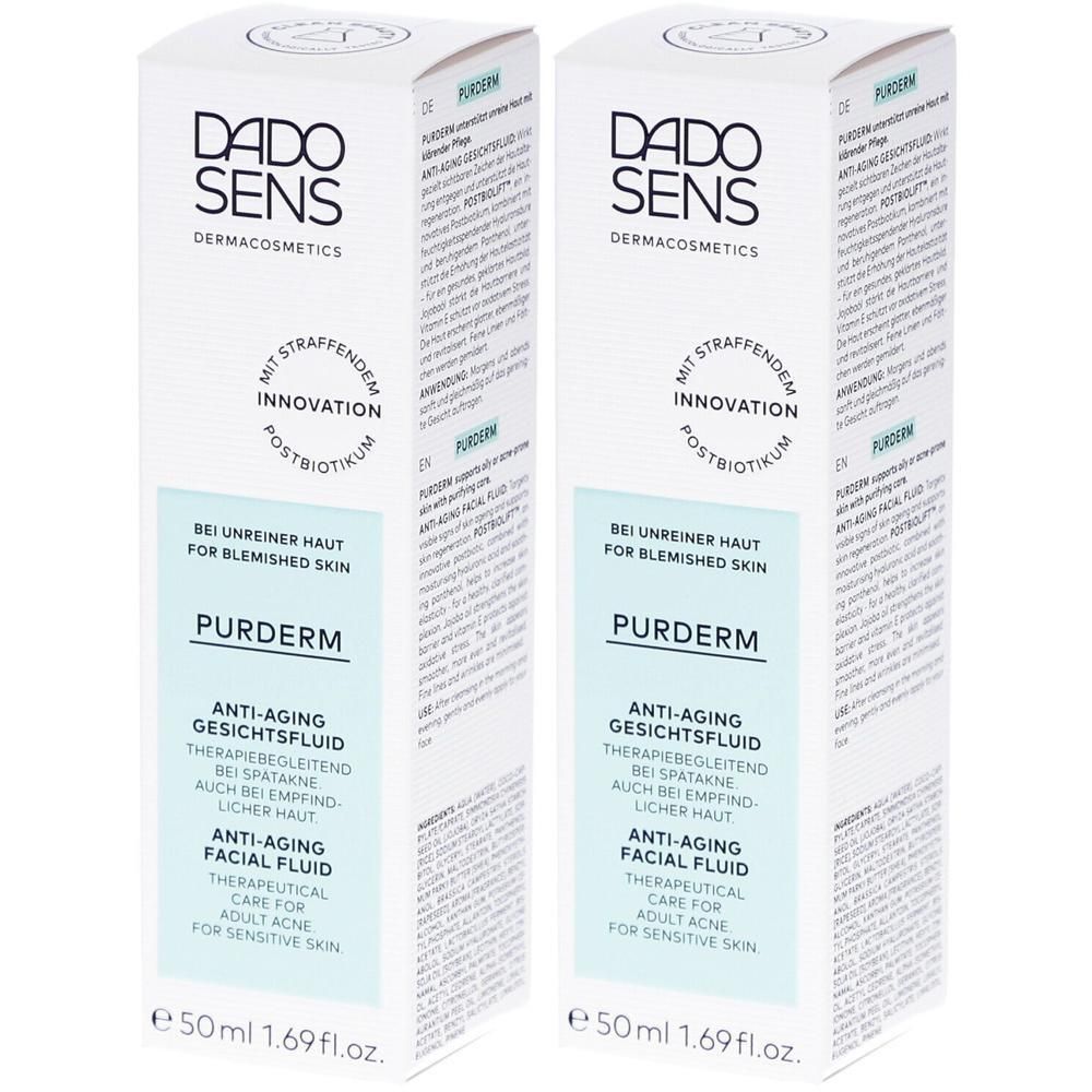 Zwei weiße Kartons. Aufschrift: DADO SENS, PURDERM Anti-Aging Gesichtsfluid. Text in Deutsch und Englisch. 50ml.