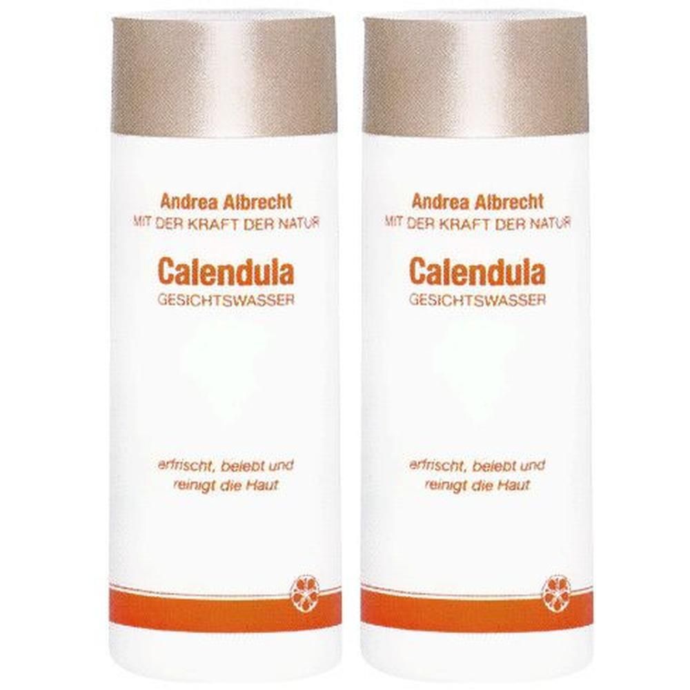 Zwei Flaschen Andrea Albrecht Calendula Gesichtswasser. Weiß, mit braunem Deckel und orangefarbenen Schriftzügen. Text: erfrischt, belebt und reinigt die Haut.
