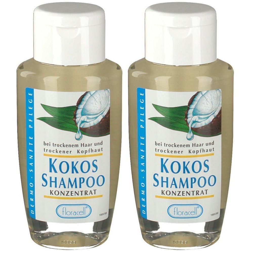 Zwei Flaschen Kokos Shampoo. Aufschrift: Kokos Shampoo Konzentrat. Marke: Floracell. Abbildung einer Kokosnuss.