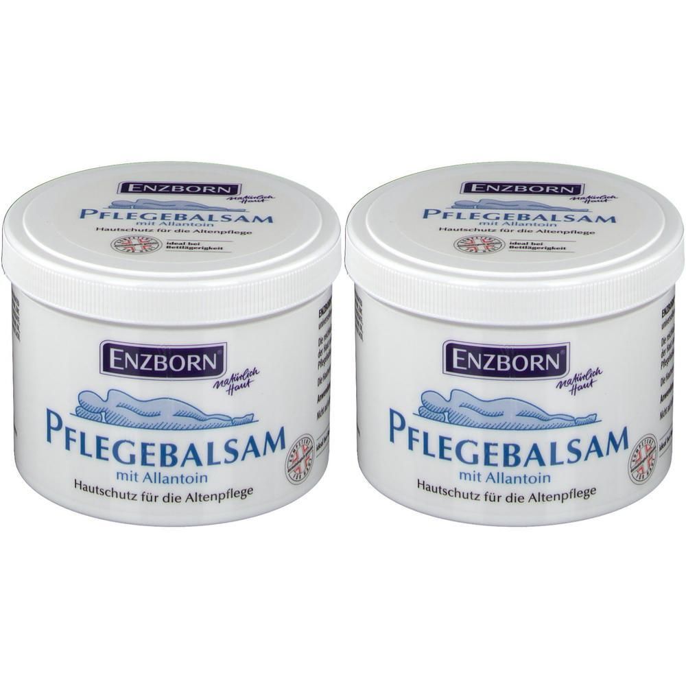 Zwei weiße Tiegel mit Deckel. Aufschrift: ENZBORN Pflegebalsam mit Allantoin. Hautschutz für die Altenpflege. Abbildung einer liegenden Person.