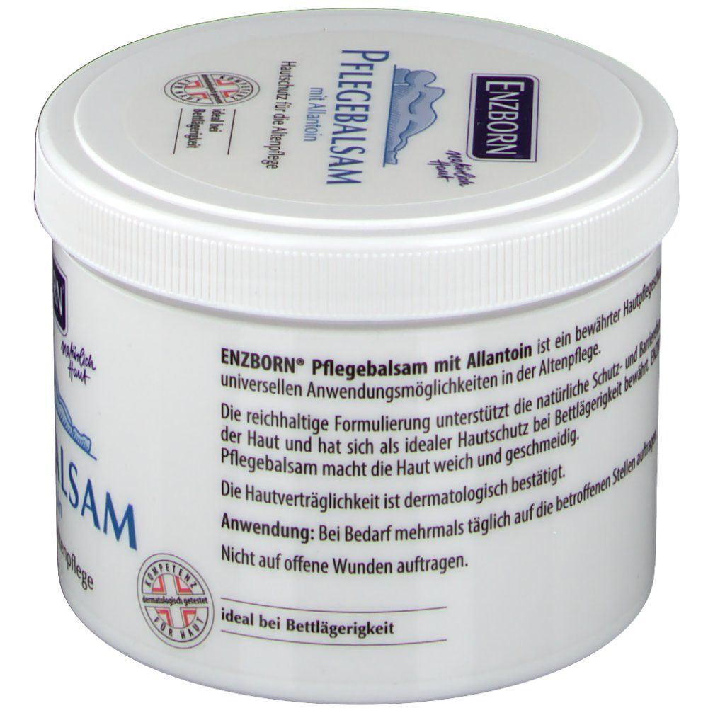 Weißer Tiegel mit Deckel. Aufschrift: ENZBORN Pflegebalsam mit Allantoin. Text auf Deutsch. Dermatologisch getestet. Ideal bei Bettlägerigkeit.