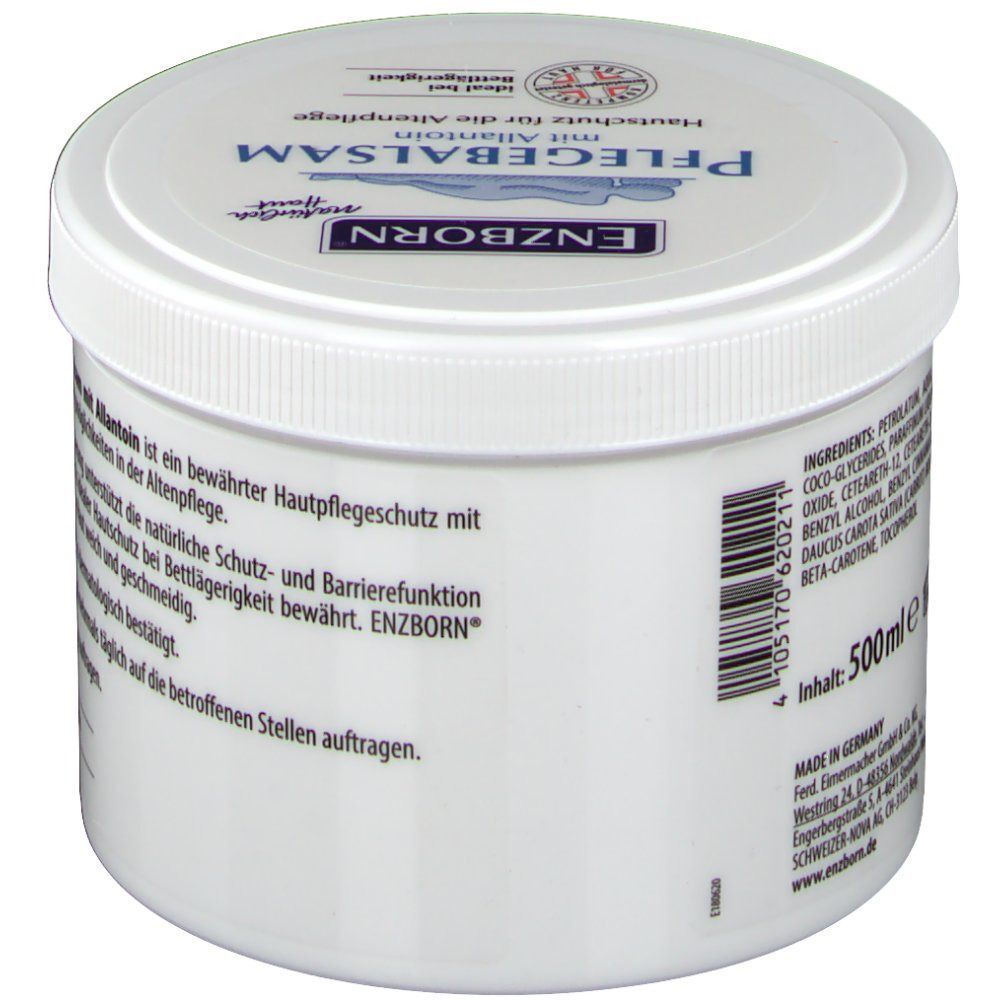 Weißer Tiegel mit Deckel. Aufschrift: ENZBORN Pflegebalsam mit Allantoin. Text auf Deutsch. Barcode und Inhaltsangabe: 500ml.