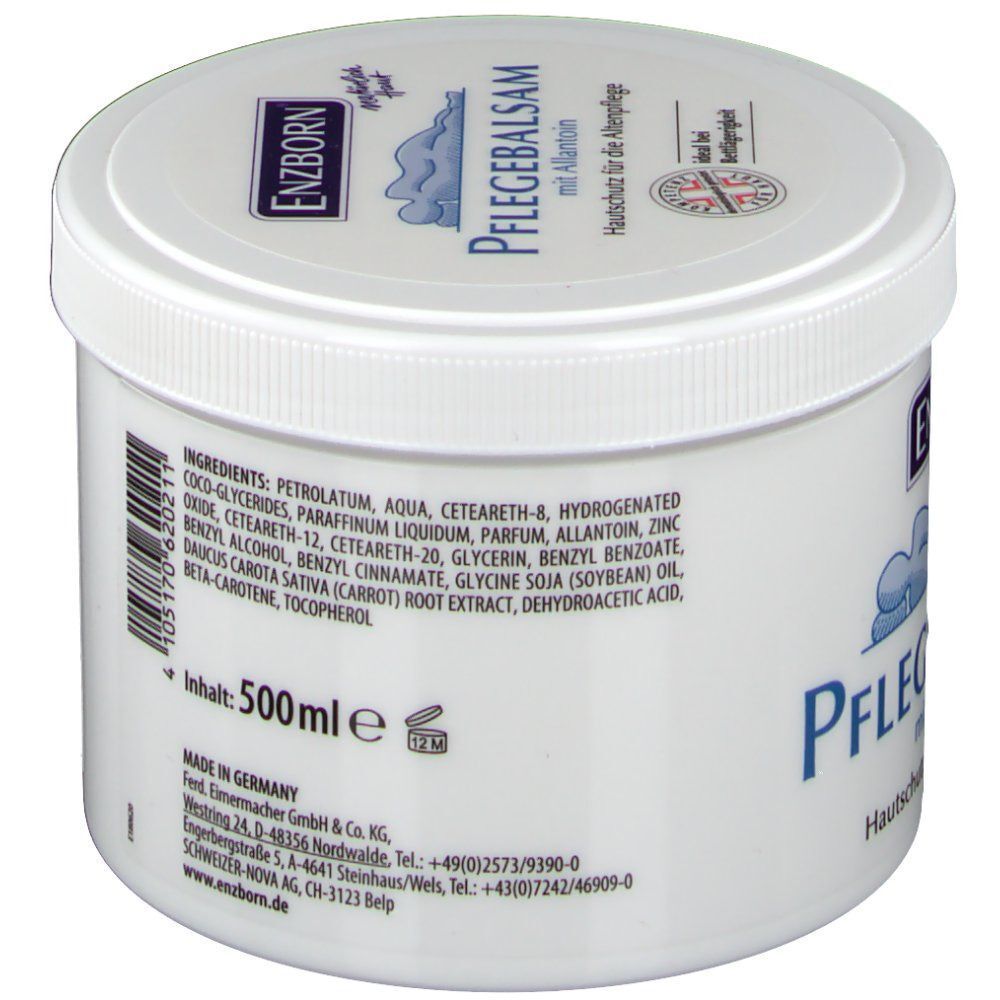 Weißer Tiegel mit Deckel. Aufschrift: ENZBORN Pflegebalsam mit Allantoin. Inhaltsstoffe und Herstellerangaben. Inhalt: 500ml.