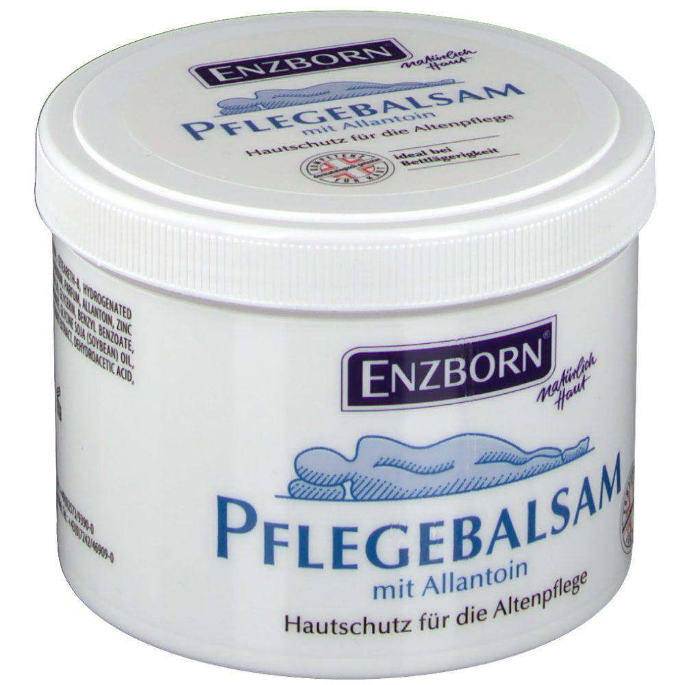Weißer Tiegel mit Deckel. Aufschrift: ENZBORN Pflegebalsam mit Allantoin. Hautschutz für die Altenpflege. Abbildung einer liegenden Person.