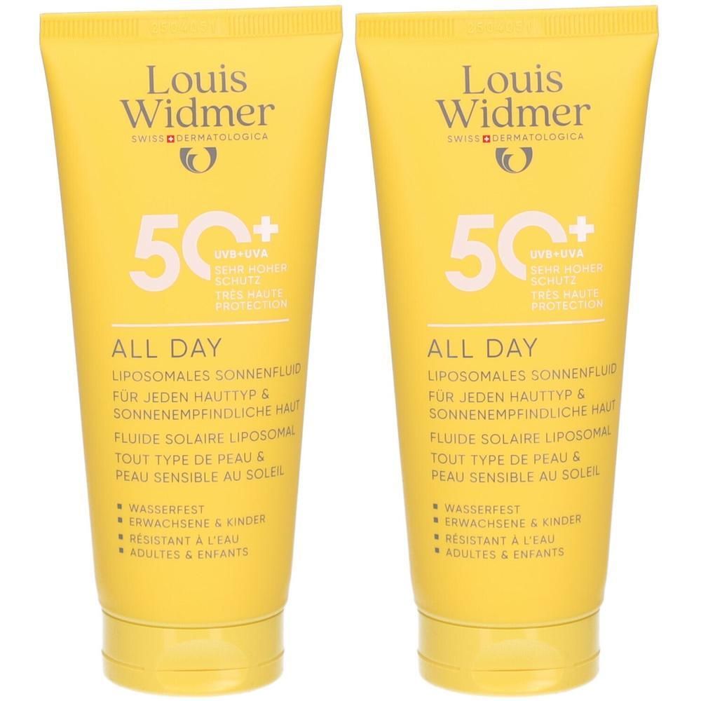 Zwei gelbe Tuben mit Sonnencreme. Aufschrift: Louis Widmer, 50+ UV-Schutz, All Day. Liposomale Sonnenfluid. Wasserfest, für Erwachsene & Kinder.
