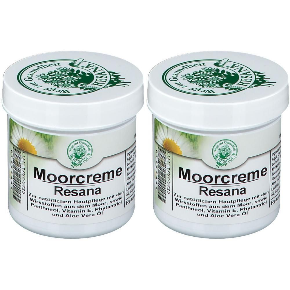 Zwei weiße Tiegel mit Deckel. Aufschrift: Moorcreme Resana. Etikett mit Logo und Text. Aufschrift: Zur natürlichen Hautpflege.