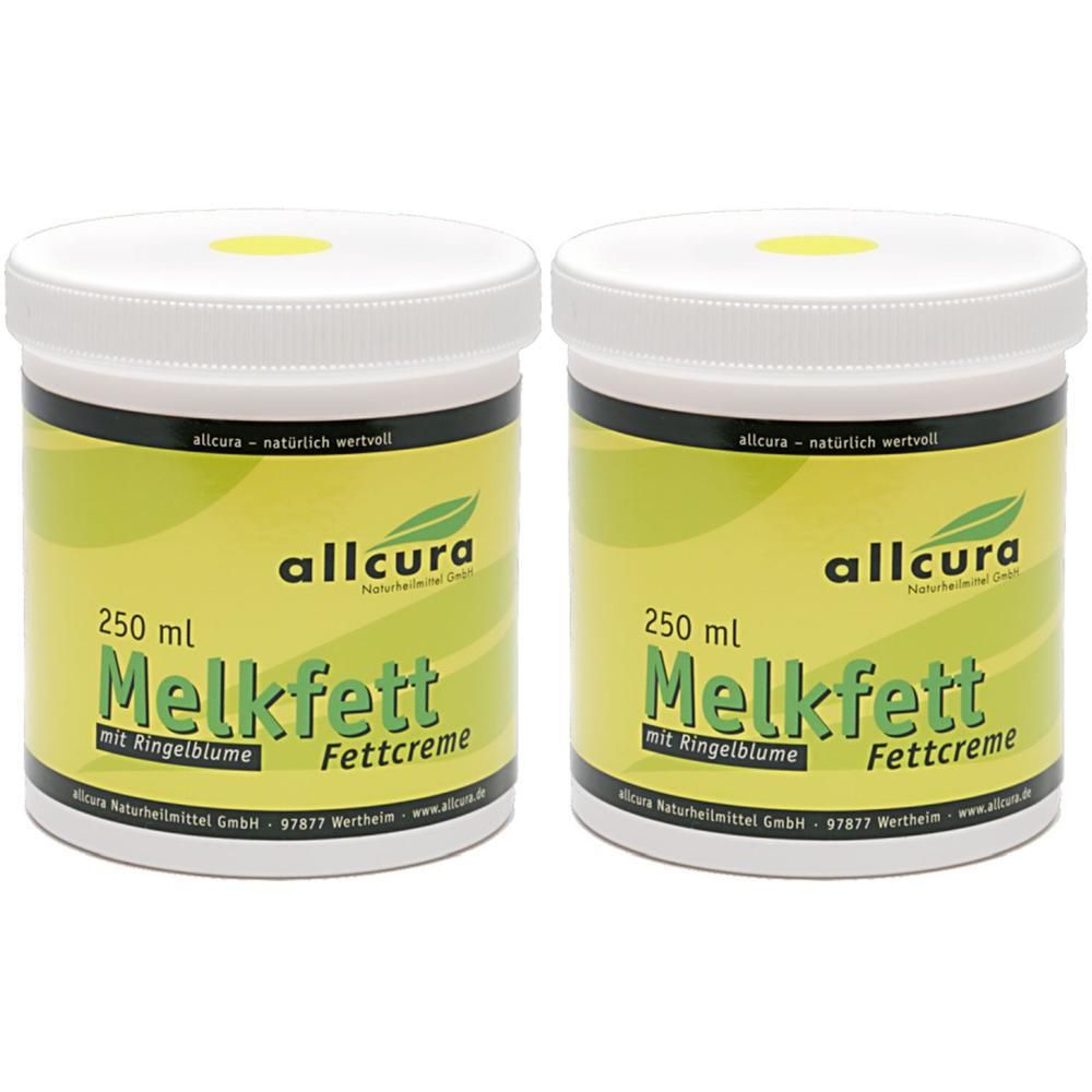 Zwei weiße Tiegel mit gelbem Etikett. Aufschrift: allcura Melkfett mit Ringelblume. 250 ml. Deckel mit gelbem Punkt.