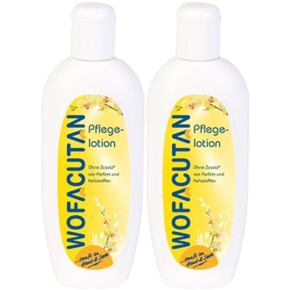 Zwei weiße Flaschen mit gelben Etiketten. Auf den Etiketten steht "WOFACUTAN Pflegelotion".