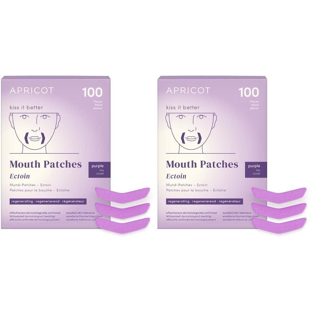 Zwei Packungen APRICOT Mouth Patches, lila Verpackung, 100 Stück. Daneben sechs lila Mund-Patches.