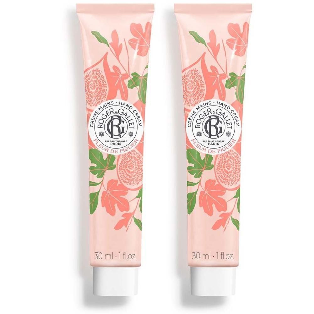 Zwei Tuben Handcreme. Rosa Tuben mit floralem Muster und Produktbezeichnung. 30 ml.