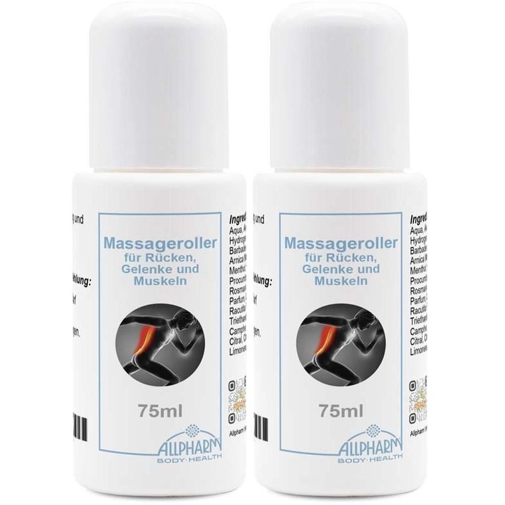 Zwei weiße Roll-on-Flaschen mit Etikett. Aufschrift: Massageroller für Rücken, Gelenke und Muskeln. 75ml. ALLPHARM Logo.