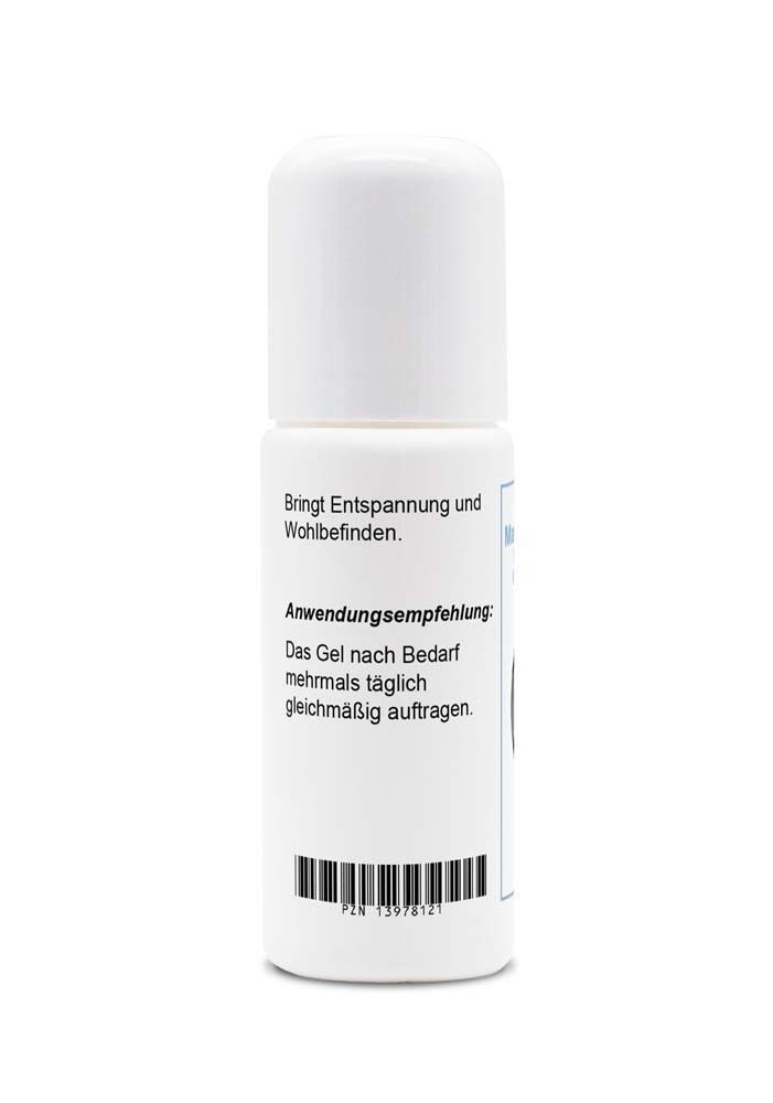 Weiße Roll-on-Flasche. Aufschrift: Anwendungsempfehlung. Barcode. Text: Bringt Entspannung und Wohlbefinden.
