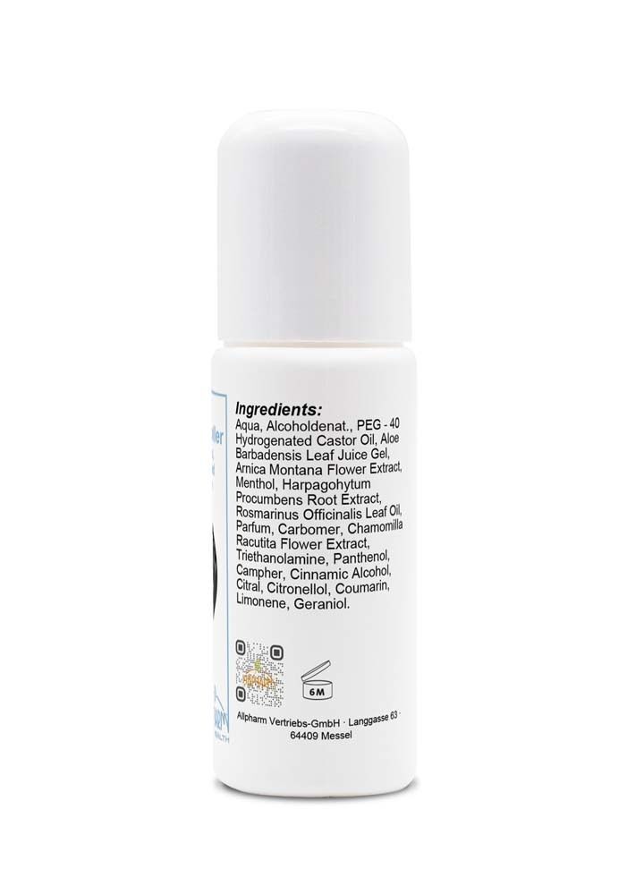 Weiße Roll-on-Flasche. Aufschrift: Ingredients. Text: Aqua, Alcohol denat., PEG-40 Hydrogenated Castor Oil, etc. ALLPHARM Logo.