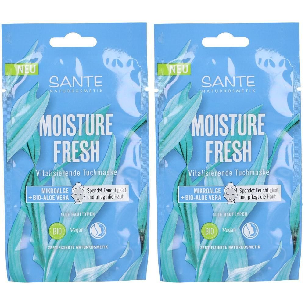 Zwei blaue Beutel mit „MOISTURE FRESH“. Text: „SANTE“, „Vitalisierende Tuchmaske“, „BIO“. Grün-blaue Blätter.