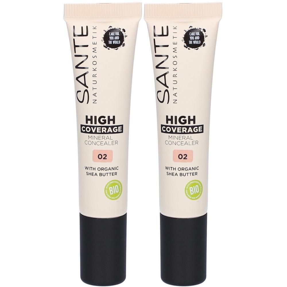 Zwei Tuben SANTE High Coverage Mineral Concealer 02 mit Bio-Sheabutter. Beige Tube mit schwarzem Deckel, Schriftzug.