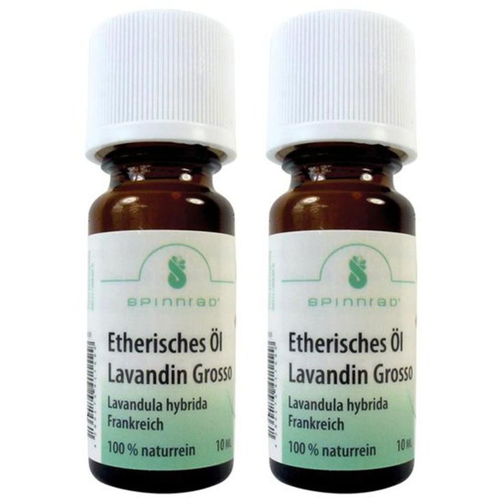 Zwei braune Glasflaschen mit weißem Deckel. Auf den Etiketten steht "Etherisches Öl Lavandin Grosso" und "100% naturrein".