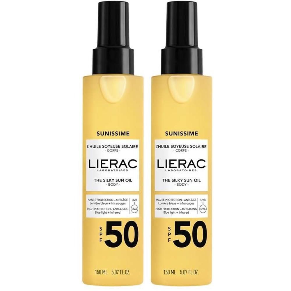 Zwei Flaschen Sonnenöl mit schwarzem Sprühkopf. Aufschrift: LIERAC, Sunissime, LSF 50.