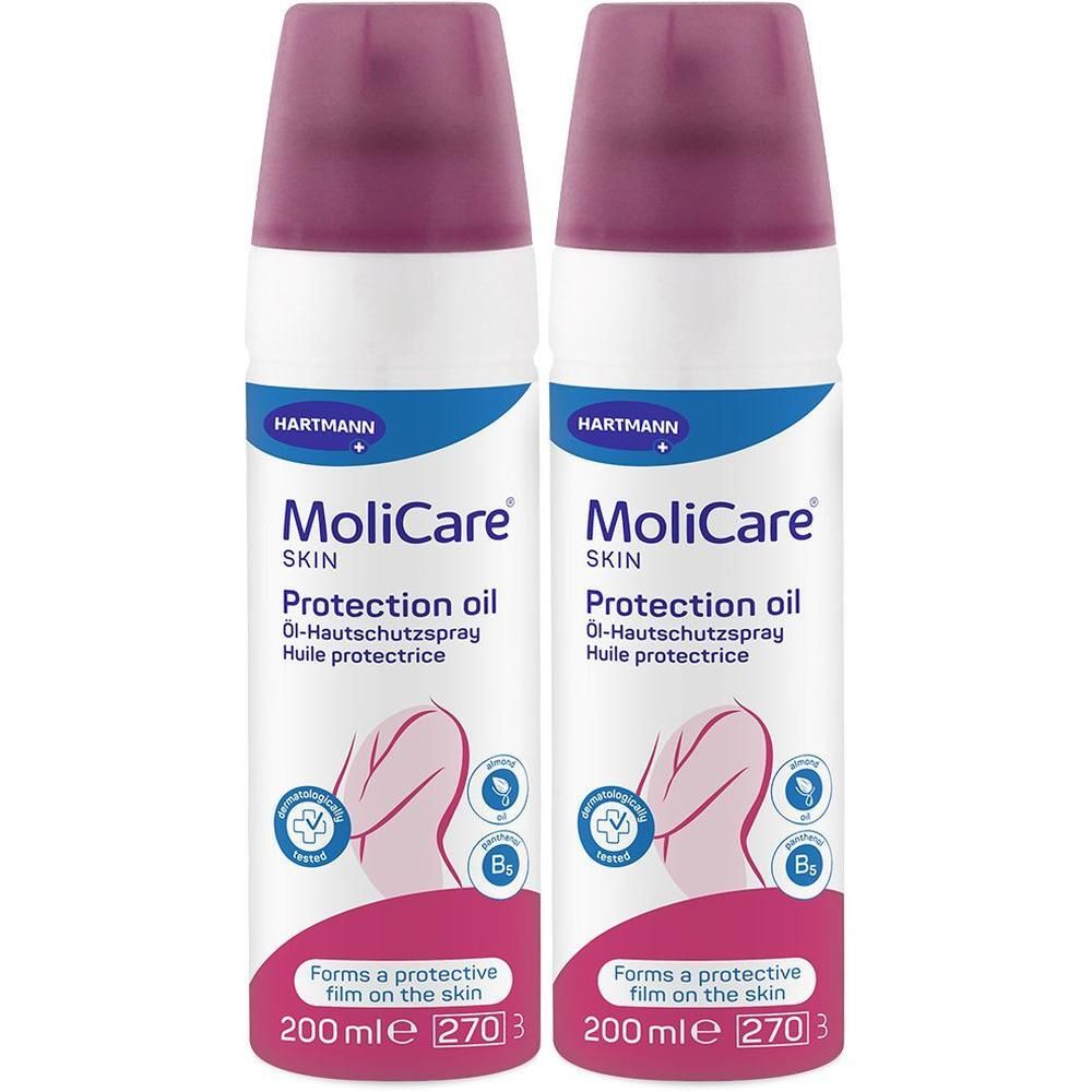 Zwei Sprays mit lila Kappe. Aufschrift: MoliCare Skin Protection oil. Illustration einer Person. 200 ml.
