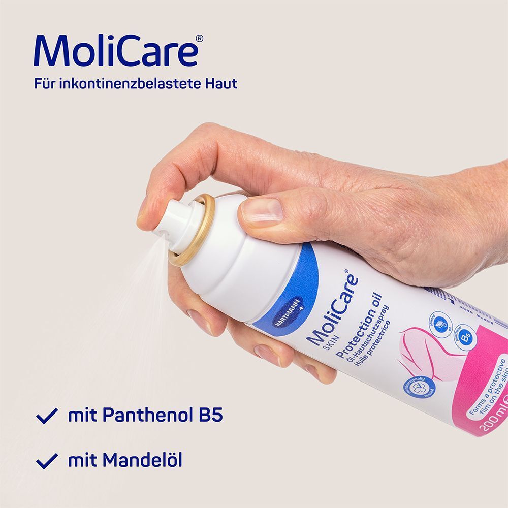 Hand sprüht MoliCare Skin. Text: Für inkontinenzbelastete Haut. Mit Panthenol B5 und Mandelöl.