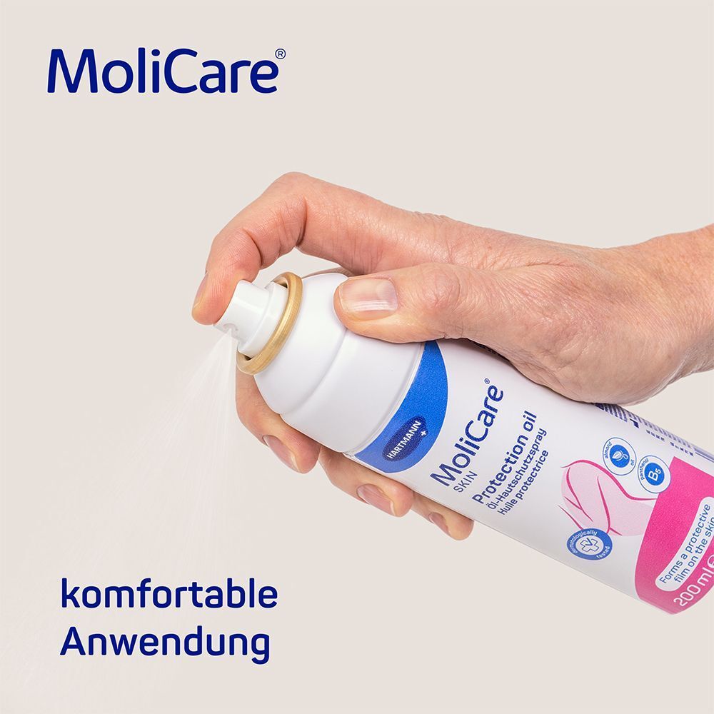 Hand sprüht MoliCare Skin. Text: komfortable Anwendung.