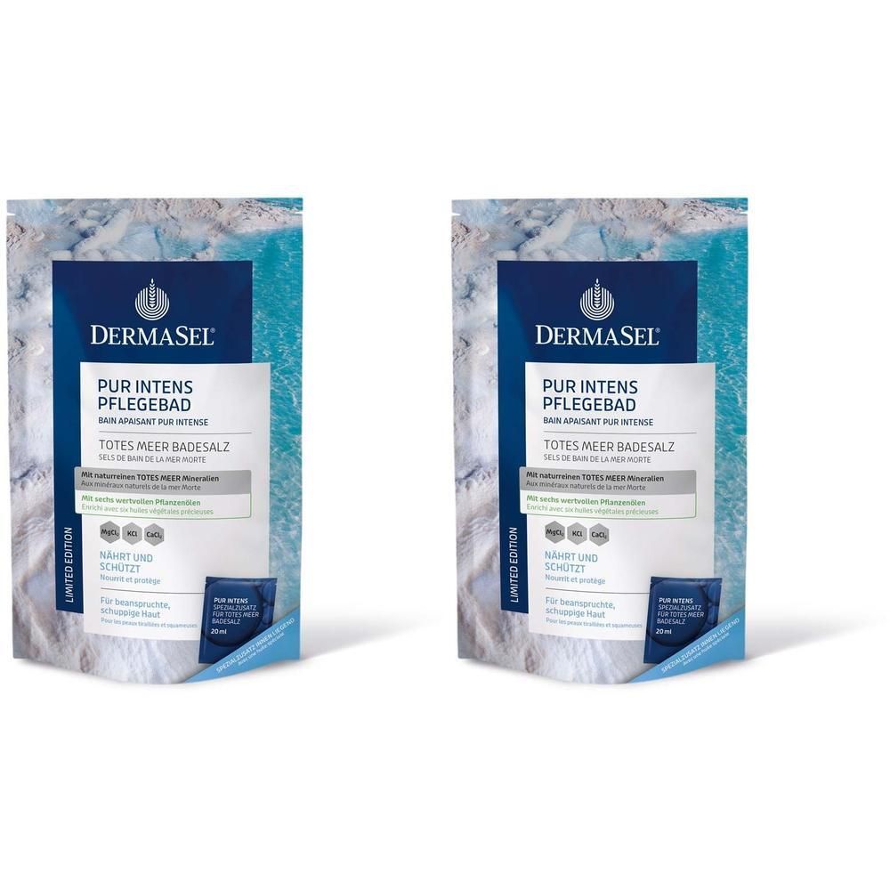 Zwei Beutel DERMASEL PUR Intens Pflegebad. Weiße Verpackung mit blauem Meer-Design und Produktinformationen.