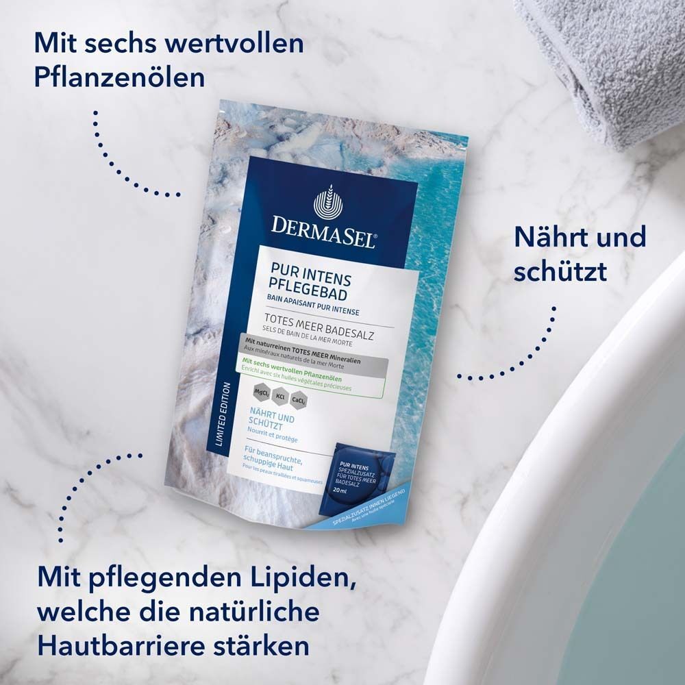 Produktverpackung über Badewanne. Text: DERMASEL PUR Intens Pflegebad, Totes Meer Badesalz. Mit pflegenden Lipiden, nährt und schützt.