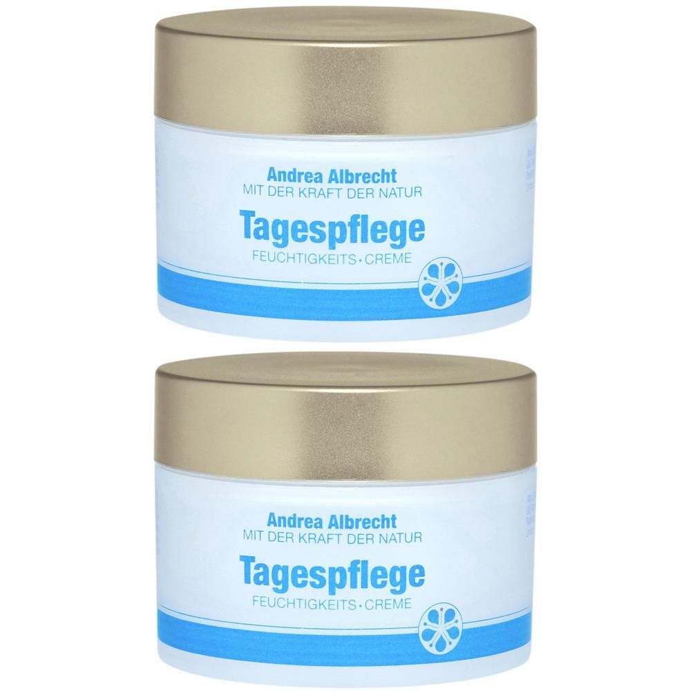 Zwei Cremetiegel mit goldenen Deckeln. Aufschrift: Andrea Albrecht Tagespflege. Blaue und weiße Etiketten. Feuchtigkeits-Creme.