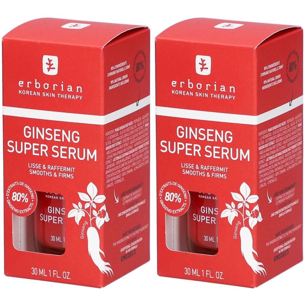 Zwei rote Kartons mit "Ginseng Super Serum" von Erborian. Aufdrucke: 80% Ginseng-Extrakt, 30 ml. Text: Lisse & Raffermit, Smooths & Firms.
