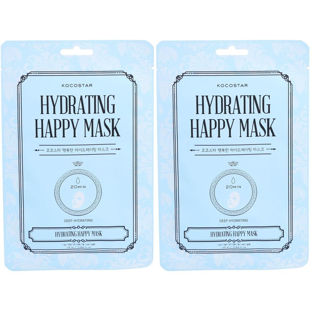 Zwei KOCOSTAR Hydrating Happy Mask-Packungen. Hellblaue Verpackung mit Produktnamen und Logo. Enthält Text in Englisch und Koreanisch.