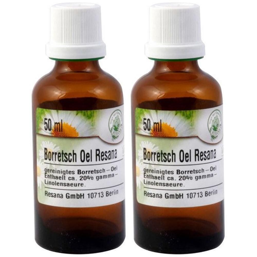 Zwei braune Glasflaschen mit weißem Deckel. Auf den Etiketten steht "Borretsch Oel Resana" und "50 ml".