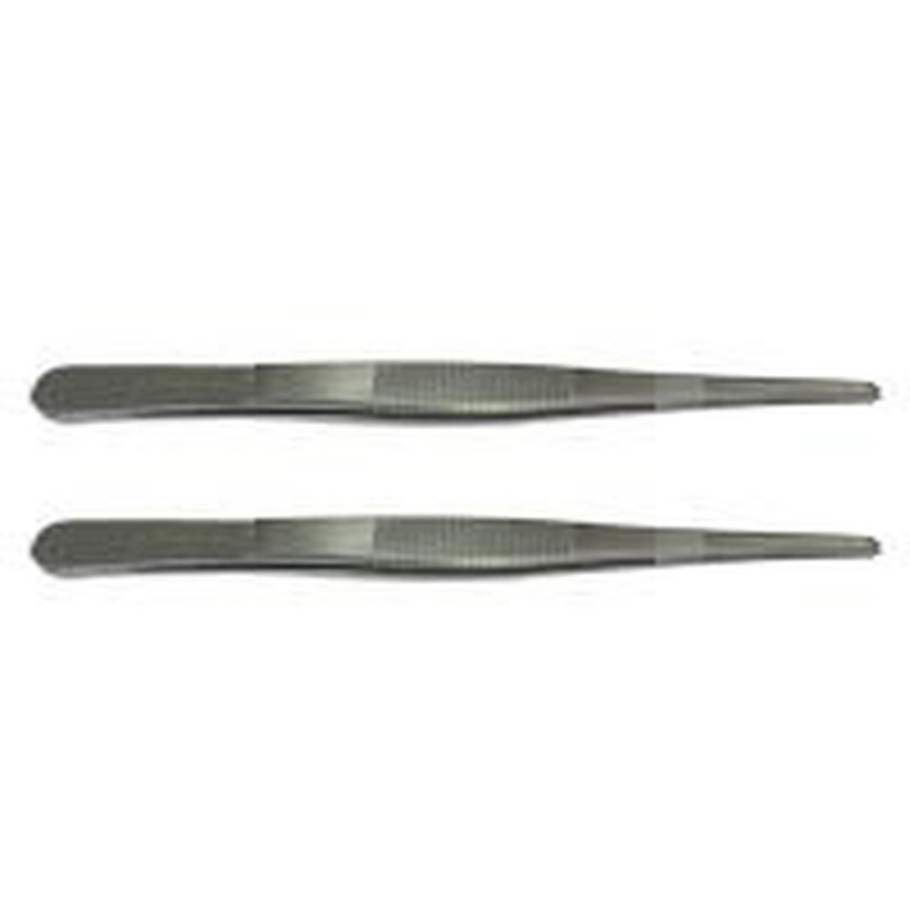 Zwei metallene anatomische Pinzetten. Die Spitzen sind spitz zulaufend. Die Griffe sind geriffelt.