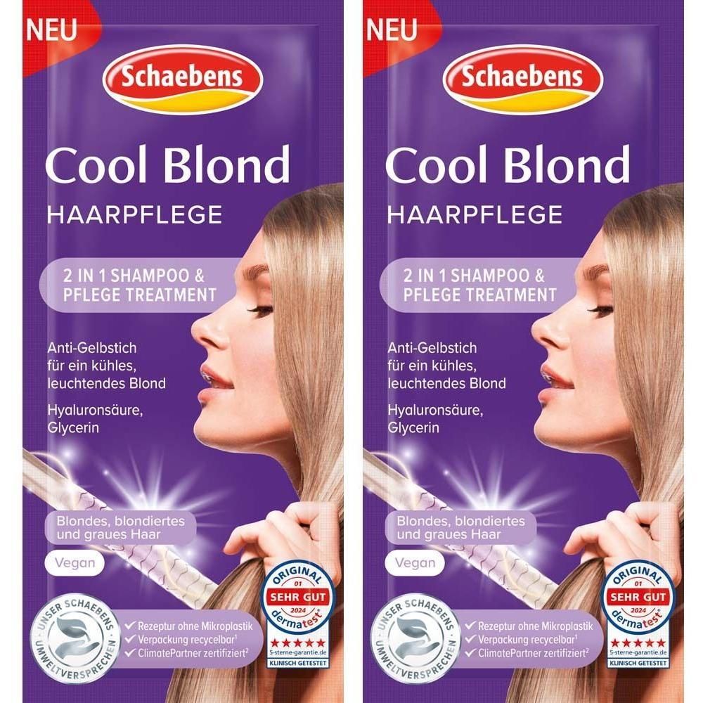 Zwei Beutel SCHAEBENS Cool Blond Haarmaske. Aufdruck: Cool Blond, Haarplege, 2 in 1 Shampoo & Pflege Treatment. Abbildung einer Frau mit blonden Haaren.