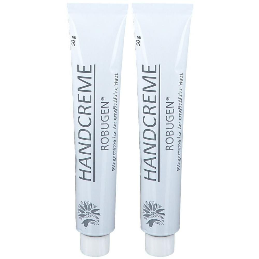 Zwei weiße Tuben Handcreme. Auf jeder Tube steht HANDCREME, ROBUGEN und Pflegecreme für die empfindliche Haut. Unten ist ein Blumenmotiv.