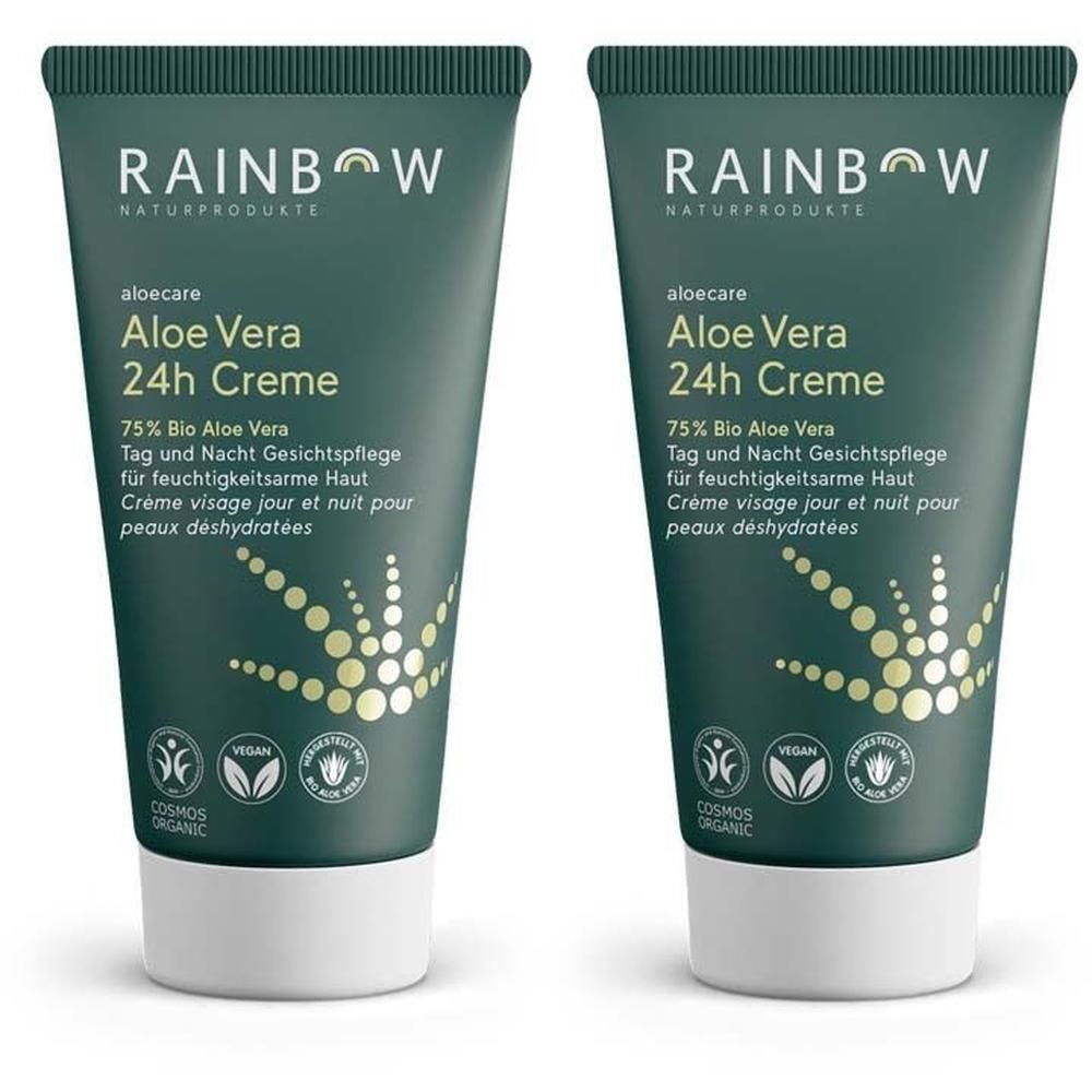 Zwei Tuben Creme. Grün, mit weißer Schrift. Aufschrift: Aloe Vera 24h Creme, 75% Bio Aloe Vera. Logos: Vegan, Cosmos Organic.