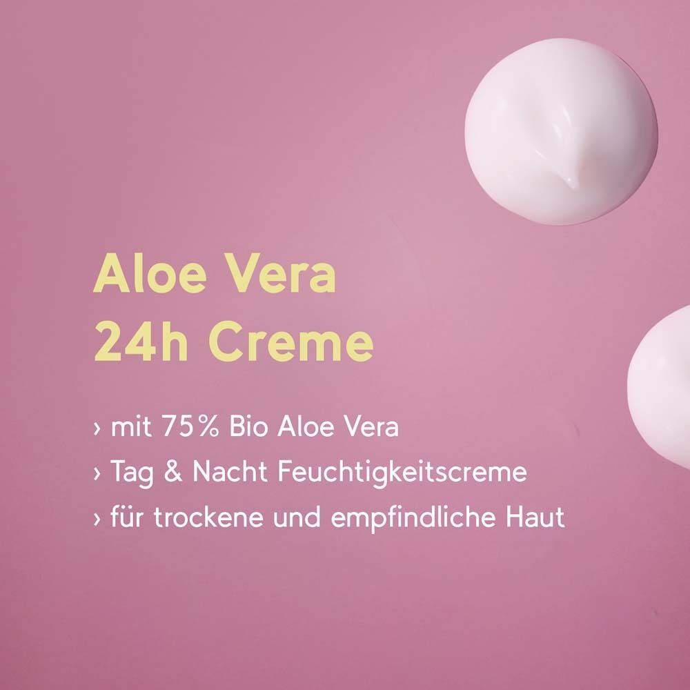 Creme-Klecks auf rosa Hintergrund. Text: Aloe Vera 24h Creme, mit 75% Bio Aloe Vera, Tag & Nacht Feuchtigkeitscreme, für trockene Haut.
