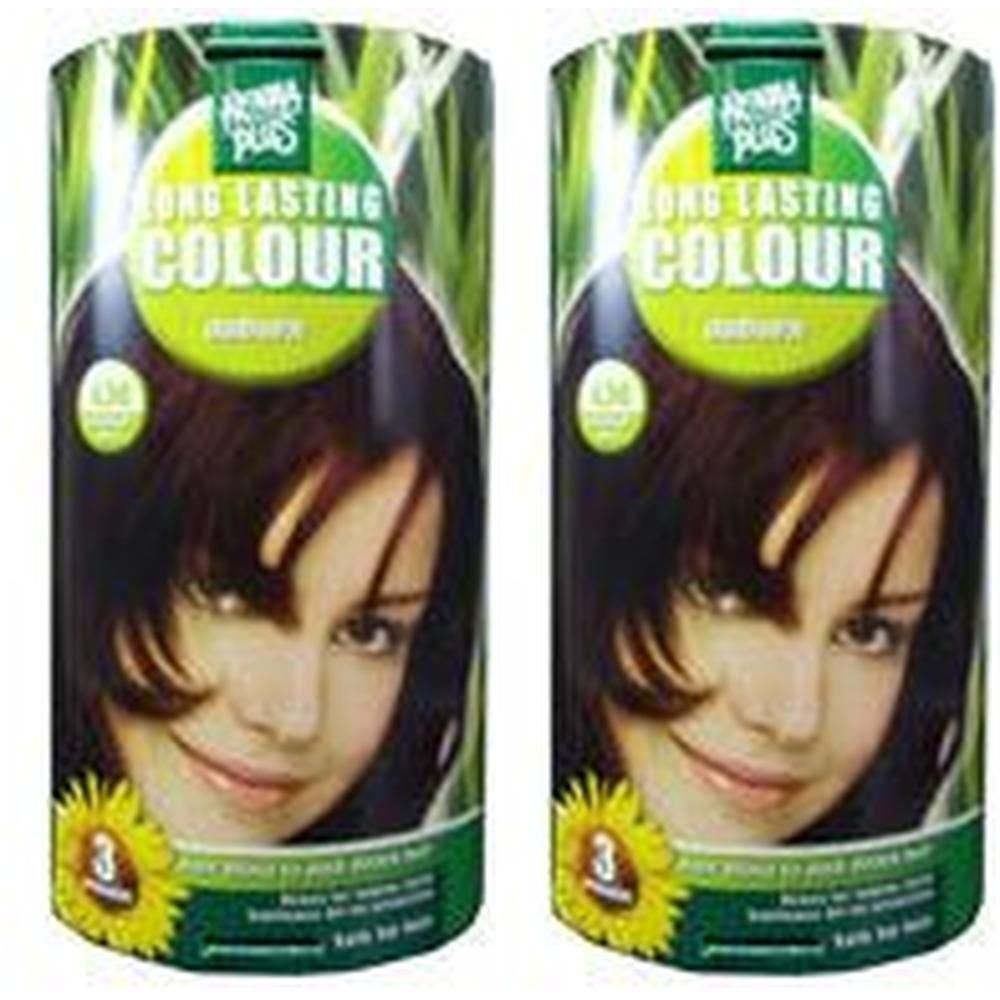 Zwei zylindrische Verpackungen. Auf jeder Verpackung ist ein Frauenporträt abgebildet. Text: Long Lasting Colour, Auburn.