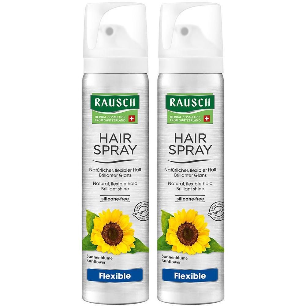 Zwei Aerosol-Haarsprays. Aufschrift: RAUSCH HAIR SPRAY. Mit Sonnenblumen-Motiv. Flexible Fixierung, brillanter Glanz, silikonfrei.