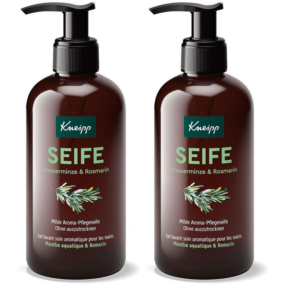 Zwei braune Flaschen mit schwarzem Pumpkopf. Aufschrift: Kneipp Seife Wasserminze & Rosmarin. Grüne Blätter-Illustration.